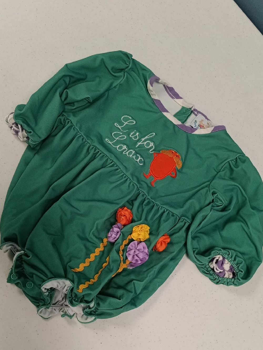 Green Baby Romper with Colorful Embroidered Flowers Dr Seuss